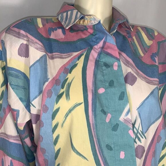 Vintage 80’s Unique Pastel Funky Print Bold Shoulder Button Down Long Sleeve Shi - Picture 2 of 16
